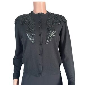 Pandora Black Beaded Sweater Jacket M Vintage Look‎ Gallery Chic Statement Layer